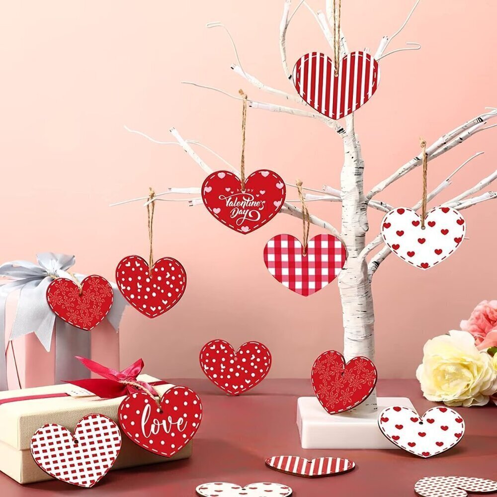 24pcs Wooden Heart Ornaments Set, Assorted Styles with rope